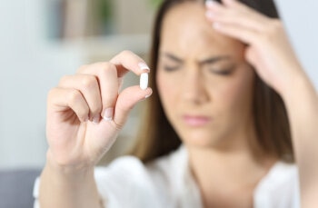 Frau mit Kopfschmerzen nimmt Ibuprofen Tablette